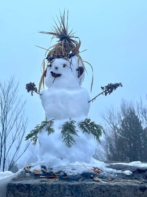 A snowperson is dressed with cedar boughs and other natural elements.
