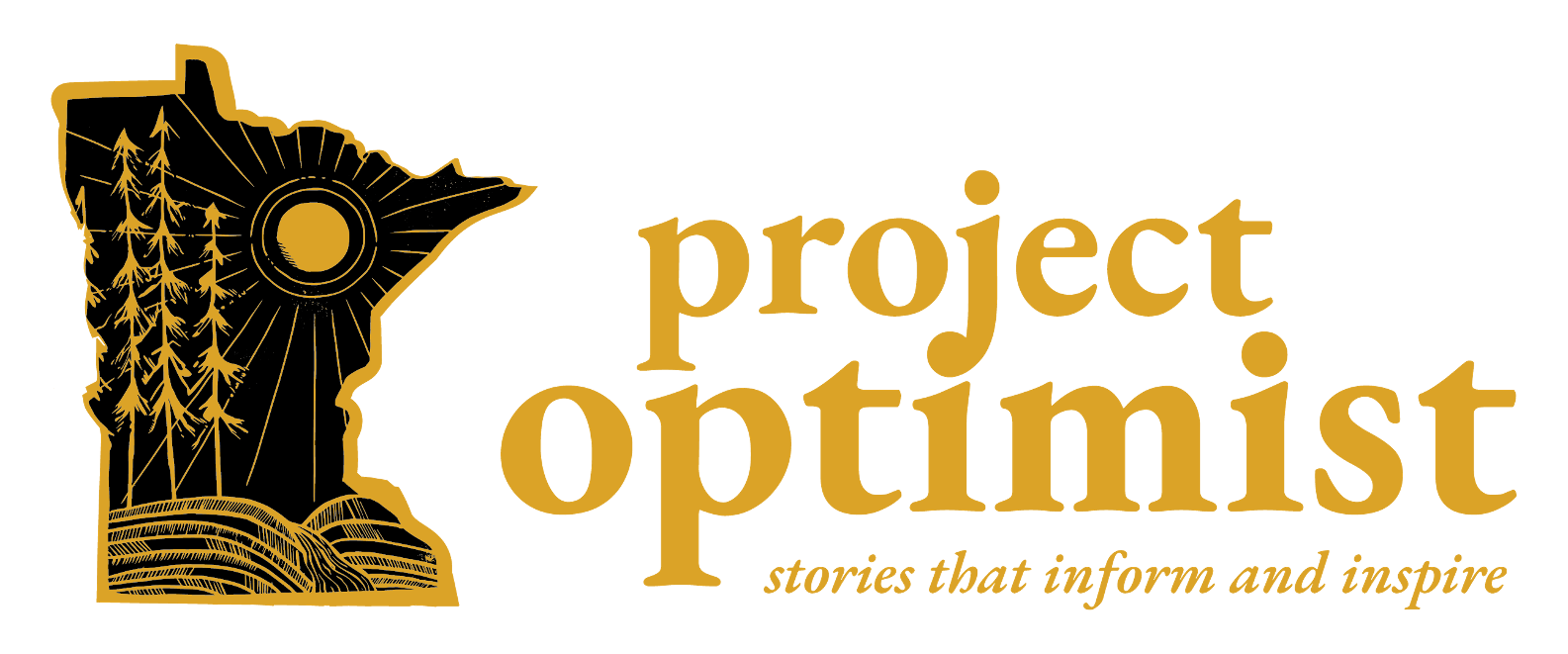 Yellow Project Optimist logo with Minnesota icon carved with a sun, three trees, hills and a river.