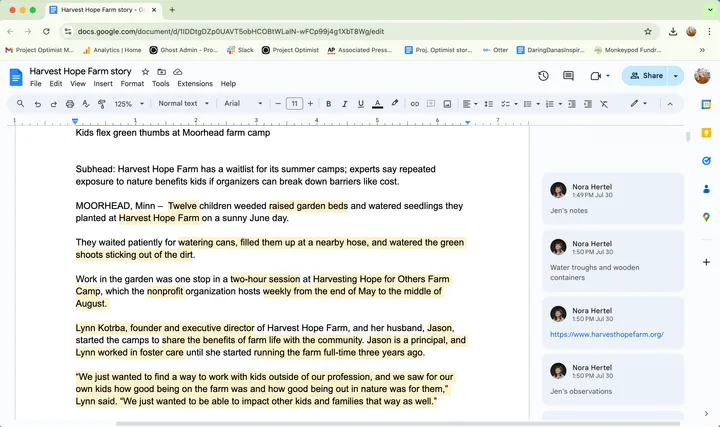 A screenshot of a Google Doc with lots of text highlighted to indicate those portions have been verified. 