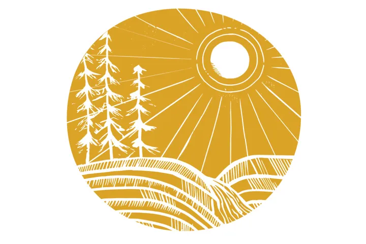 Rolling hills, pine trees, and a sun are pictured in white on a golden yellow background. 