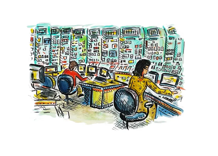 An illustration of people working in a nuclear generating plant. 