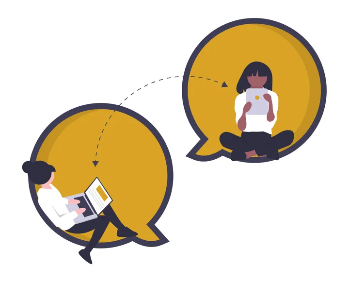 An illustration of two people working remotely on a project.