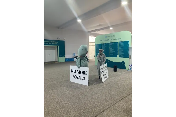 Two people wear costumes, one looks like a turtle costume. They hold signs that say "No more fossil fuels."
