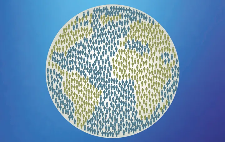 A graphic of Earth. Bodies of water are shown as blue people, while land is shown as green areas. It's set on a white globe against a blue background. 