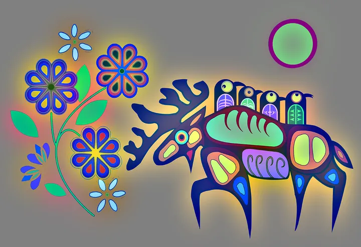 A piece of art by Steven StandingCloud called Finding Our Way. The style of art is called skeleton art which is a contemporar