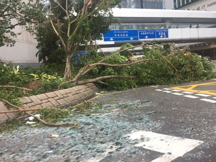 Damage caused by Typhoon Mangkhut in downtown Hong Kong, September 17, 2018. The 2018 storm also hit the northern part of the