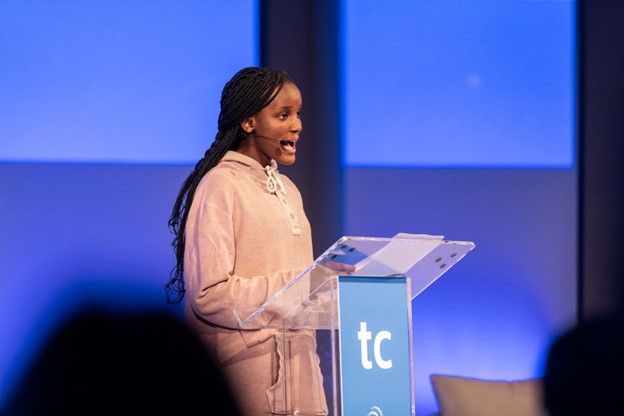 Ugandan climate activist Vanessa Nakate speaks during the 2022 Trust Conference in London, October 27, 2022. (Thomson Reuters