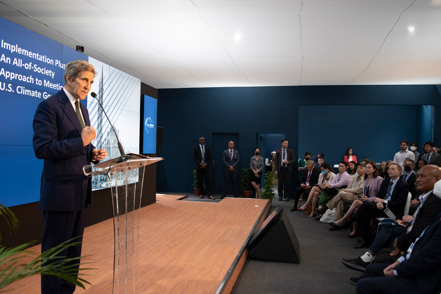 United States Special Presidential Envoy for Climate John Kerry gives introductory remarks at the official opening for the U.S. pavilion at COP27 in Sharm el Sheikh, Egypt, in November 2022. (Courtesy of Kate Fenske)